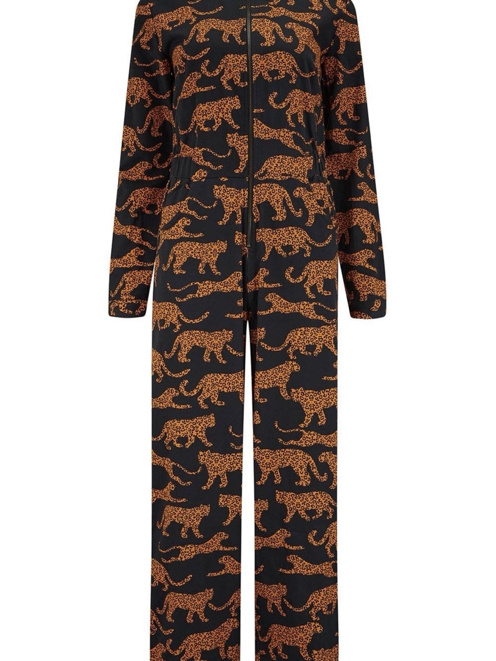 Women's Black Jumpsuit with Orange Leopard Print Zip Front
